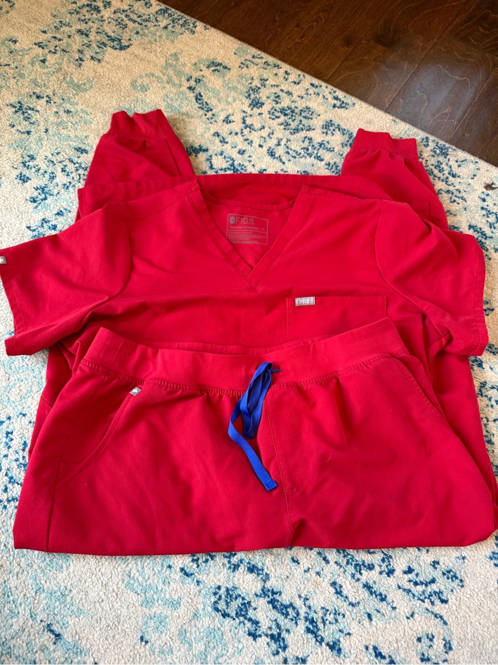 Figs Womenβs Bright Red Scrub Set with Blue Drawstring